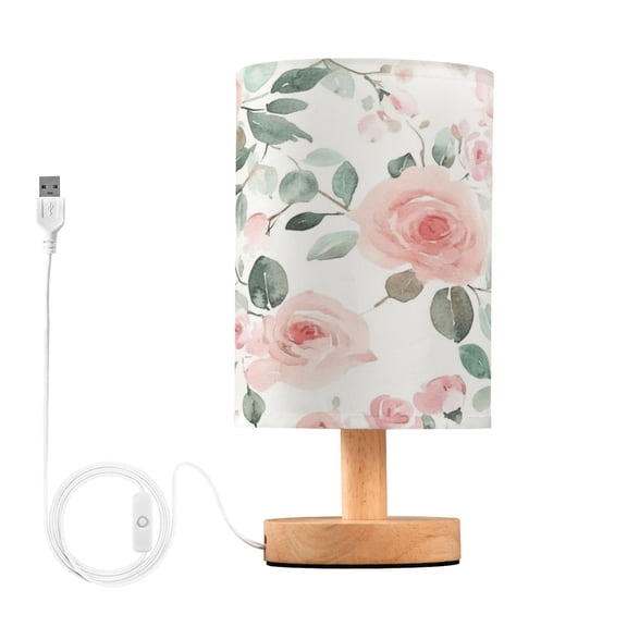 Bedside Desk Lamp LED Soft Pink Watercolor Floral Table Nightstand Lamps Warm Light Fabric Lampshade for Home Bedroom Office Living Room Decor