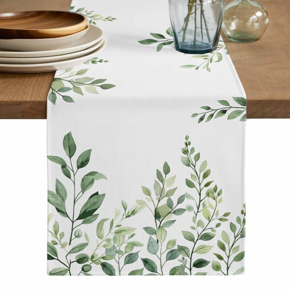 Eucalyptus Leaves Table Runner, Sage Green Spring Summer Botanical Washable Cotton Linen Table Runners 48 Inches Long, Dresser Scarf Runner for Nightstand/Coffee/End Tables 13''x48''