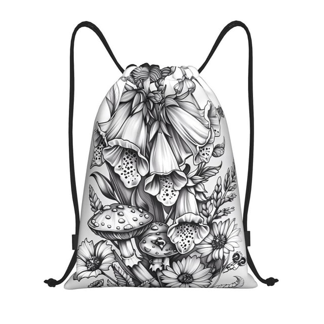Disketp Monochrome Botanical Illustration Print Drawstring Backpack Drawstring Gym Bags Draw String Bags for Sports, Gym, Travel, Swimming, Beach-Medium