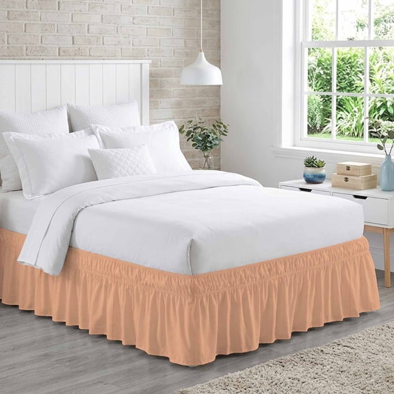 Bed Skirt Peach Fuzz Adjustable Elastic Wrap-Around Dust Ruffle with Coral 18 Inch Drop, Bed Frame Cover for King Size Bed