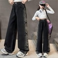 thumbnail image 4 of Girls' Wide Leg Jeans Black with Side Bow Embroidery and Relaxed Fit 5-15 Years, 4 of 5