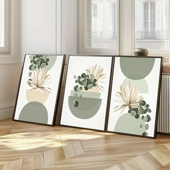 3pcs Bohemian Wall Poster Prints, Sage Green Mid-Century Modern Plant Bohemian Wall Decor, Shape Print, Beige Green Wall Art, Frameless