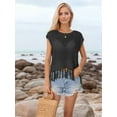 thumbnail image 5 of Women Tassel Knitted Crochet Mesh Crop Top Sexy- Short Sleeve Fishnet Top See Through Cover Up Black S, 5 of 7