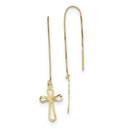 14k Yellow Gold Link Box Chain Cross Religious Tassel String Threader Earrings Drop Dangle