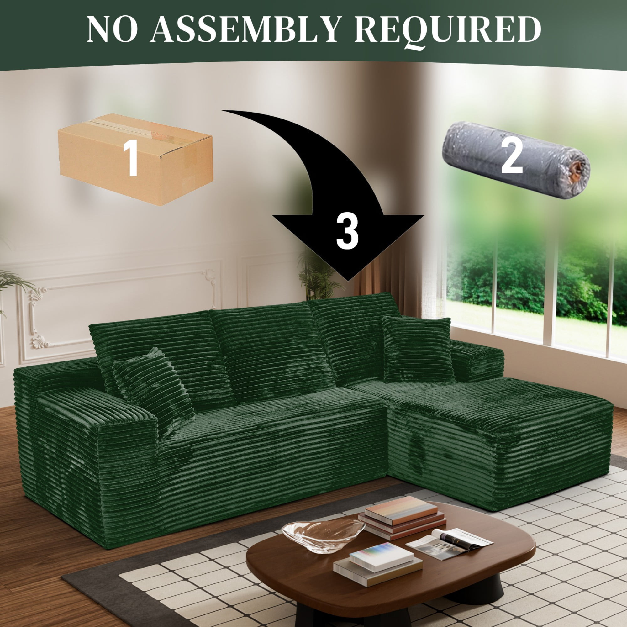 Aukfa 107" Cloud Modular Sectional Couch with Right-Facing Chaise, Corduroy Deep Seat Boneless Sofa for Living Room, Apartment, Emerald