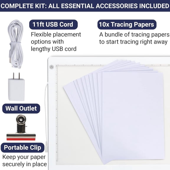 LED Tracing Light Box, 19" Ultra-Thin Light Pad with Adjustable Brightness, Includes USB Cable, Adapter, Paper, and Clip. Portable Drawing Board for Sketching, Cricut Projects, and More