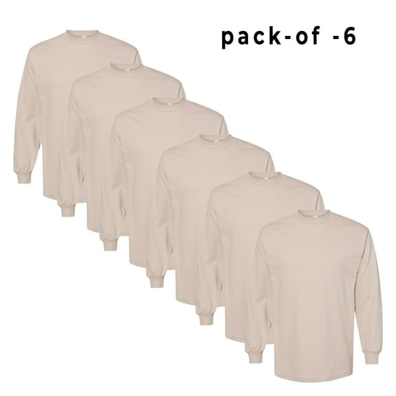 Heavyweight Cotton Long Sleeve Tee for Men – 100% Cotton Comfort, Classic Fit, and Durable Quality | Sand | 6 Pieces | S Size