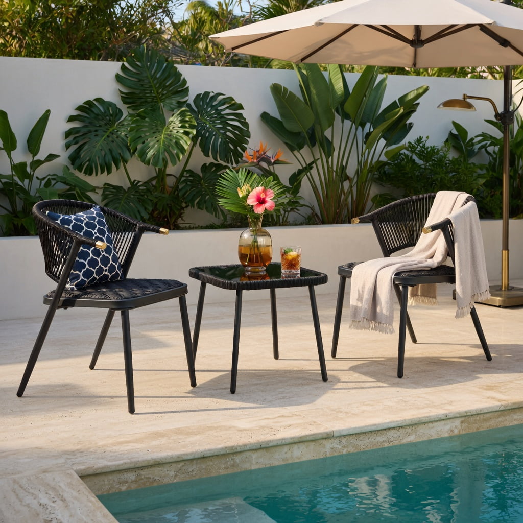Hommoo 3-Piece Outdoor Rattan Patio Furniture Set, PE Wicker Chairs with Metal Frame & Tempered Glass Coffee Table for Backyard, Poolside, Balcony, Brown