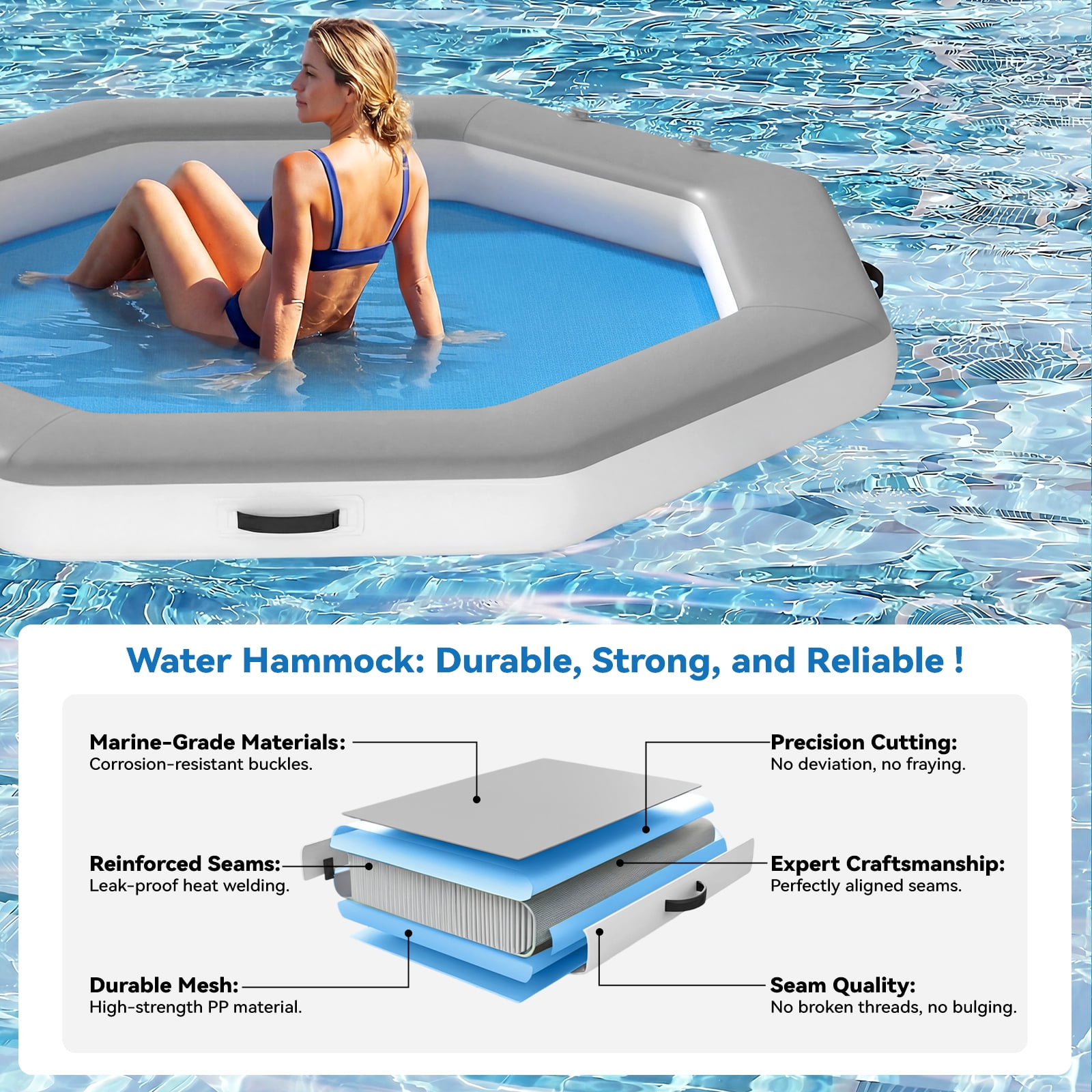 Danrelax 8FT Octagon Inflatable Floating Dock with Woven Fabric Deck, Large Floating Island for Lake Pool Ocean, Heavy Duty Sunchill Float Ring with Quick Inflate Pump, Supports 2 to 8 Adults, Grey