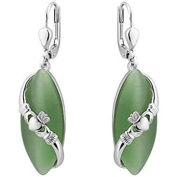 Solvar Rhodium Cat Eye Claddagh Drop Earrings Made in Ireland