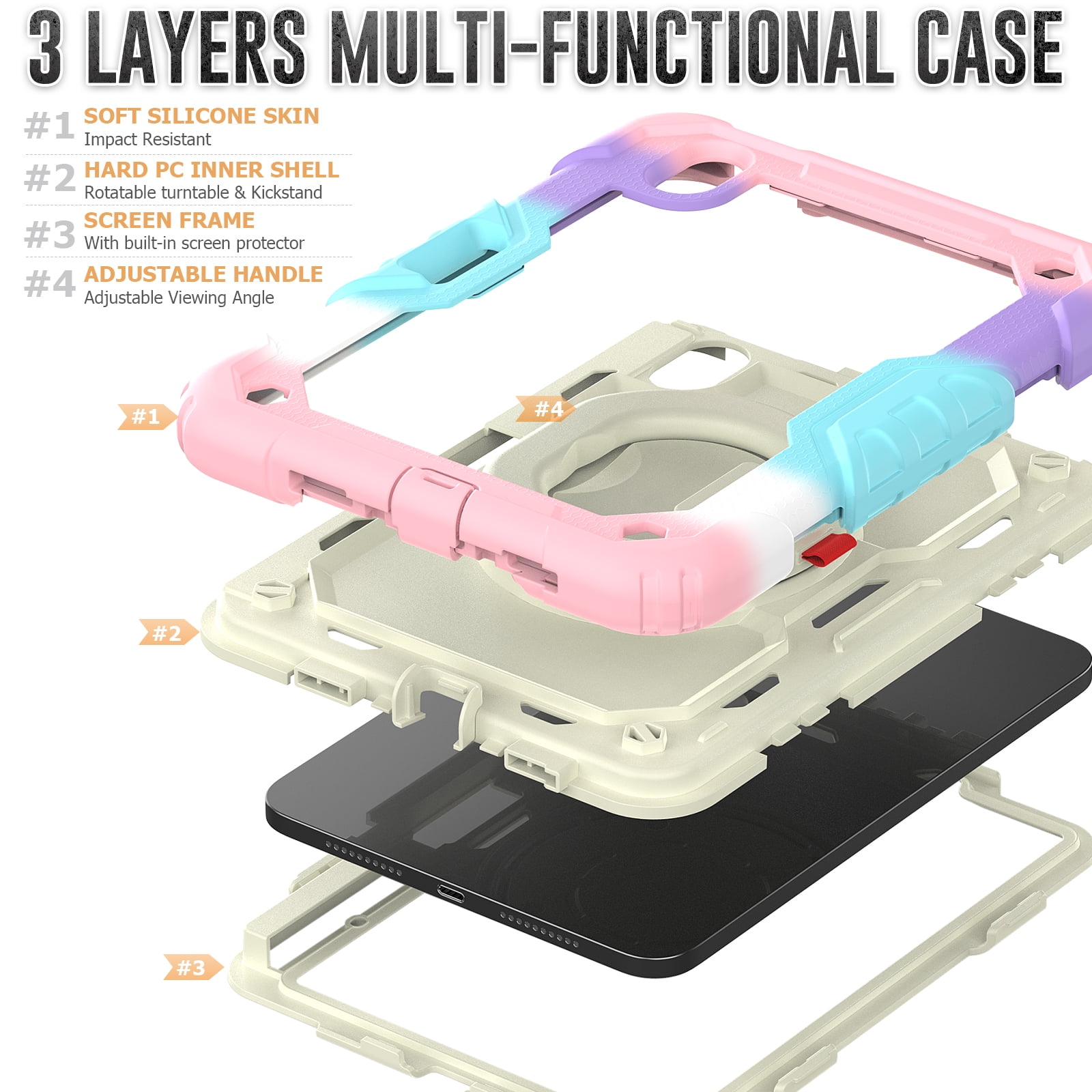 Allytechgroup Screen Protector Case for Apple iPad mini 7th Gen/ 6th Gen 8.3 Inch, Heavy Duty Protective Build-in Pencil Holder Handle Stand Rugged Bumper Case Kids Friendly for iPad mini 6 7, Pink