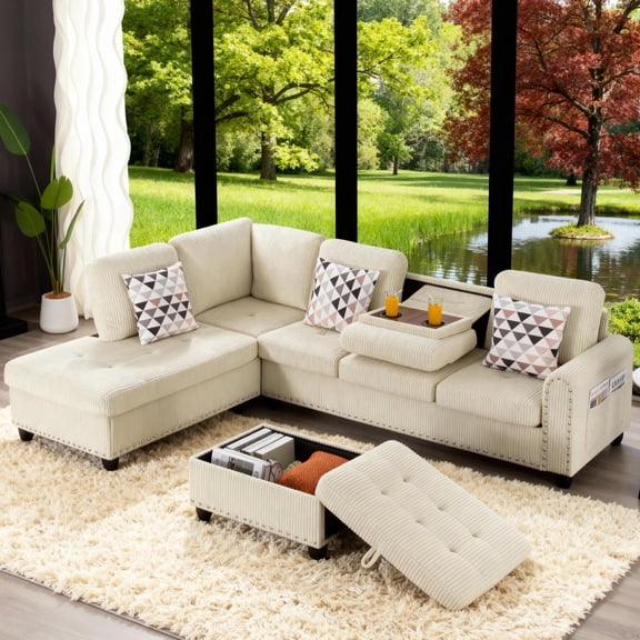 Gewnee 94.49”L-Shaped Sectional Sofa,Modular with Storage Ottoman,Cup Holders,Corduroy & Nailhead Trim,3 Throw Pillows.Suitable for Living Roomsand Reception Rooms.Beige