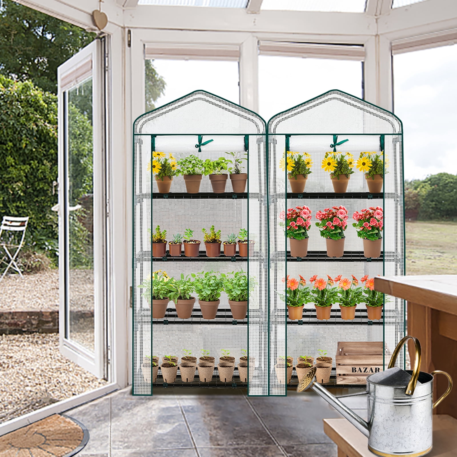 Zimtown 4-Tier Greenhouse, 27x19x62in, PE Cover for Plants, Flowers, Herbs - White