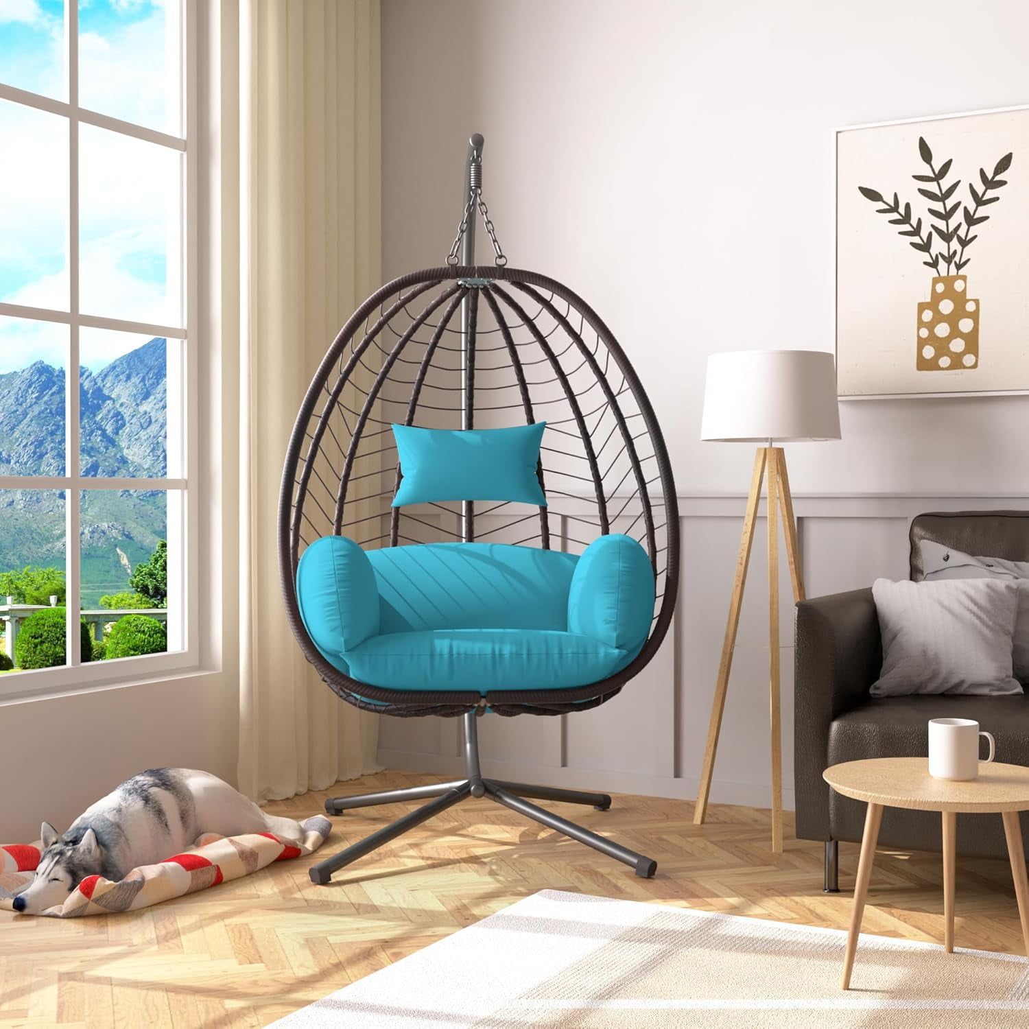 ALAULM Hanging Egg Chair with Stand, Indoor Outdoor Wicker Rattan Egg Swing Chair with Cushion Headrest, Hammock Chair 350lbs Capacity for Bedroom Patio Porch Garden Balcony(Blue)