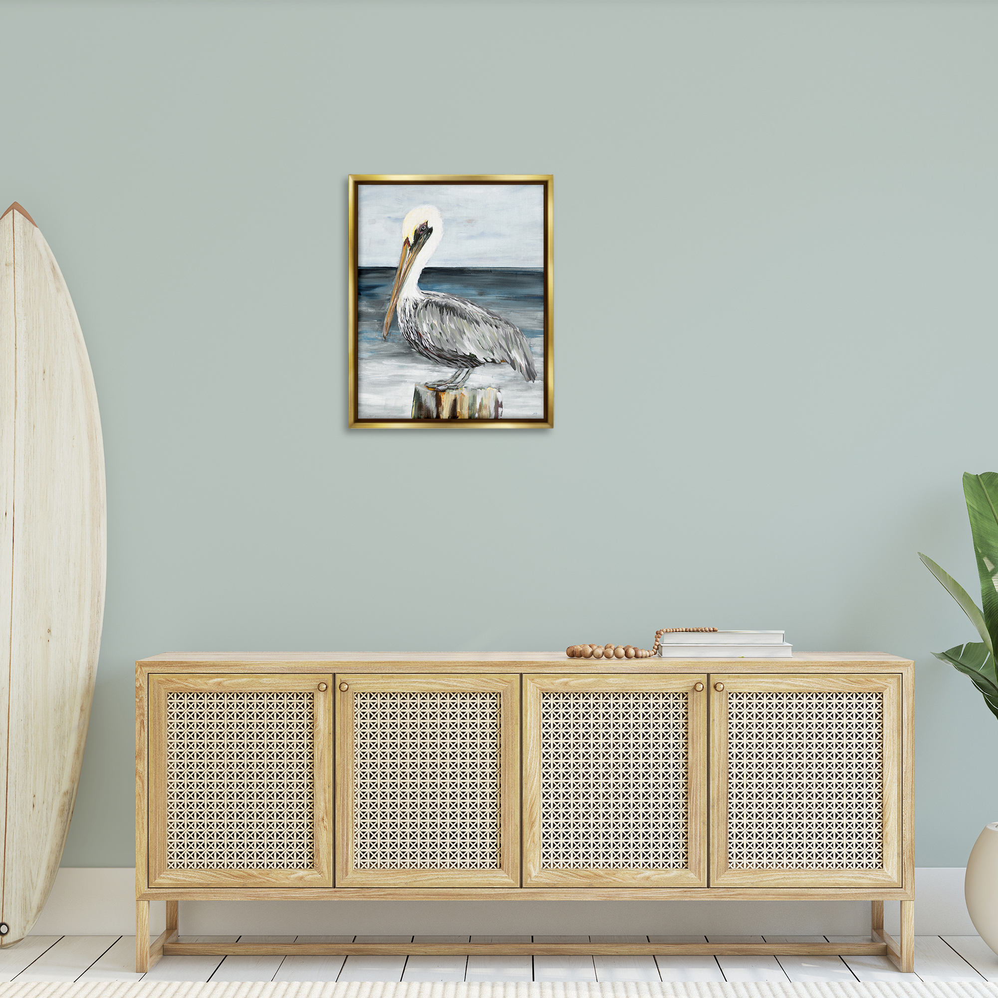 Stupell Industries Peaceful Beach Pelican Animals & Insects Painting Gold Floater Framed Canvas Art Print Wall Art, 25 x 31