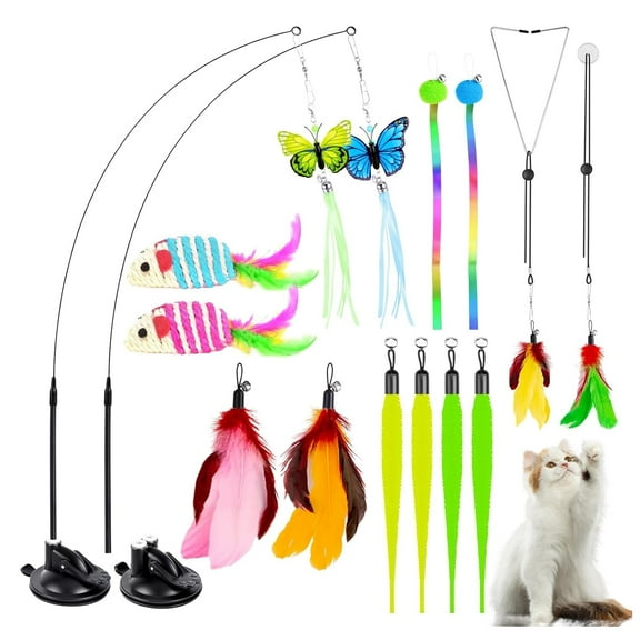 Amaopus Cat Feather Toys,  4 in 1 Interactive Cat Toys with Super Suction Cup, Detachable Cat Wand Toys and Replacement Teaser Refills with Bell, Interactive Cat Toy for Indoor Cat Accessories