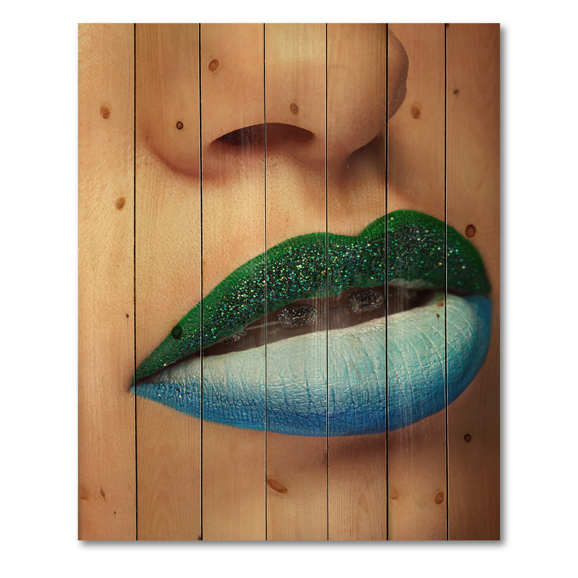 Designart 'Close Up Woman Lips With Fashion Make Up and Brackets' Modern Print on Natural Pine Wood