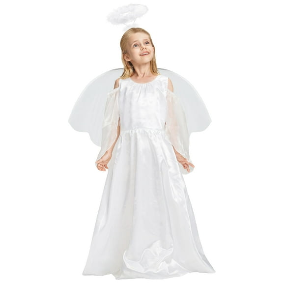 Girls Angel Costume, 3 Pcs Dress Halo Wings White Fancy Dress Up for Nativity Halloween Christmas 3-4 Years