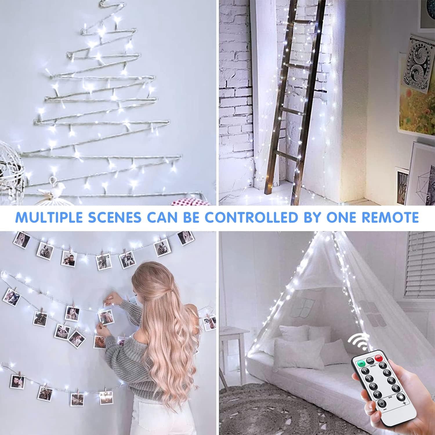 White Battery Operated String Lights Outdoor Waterproof, 33ft 100 LED Battery Power Christmas Lights Indoor, 8 Modes Twinkle Fairy Mini Lights with Remote for Wedding Bedroom Tree
