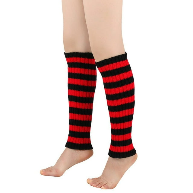 Men's Women's Winter Striped Pattern Knitted Yarn Warm Boot Leg Guards Foot Pile Socks Red One Size Clearance