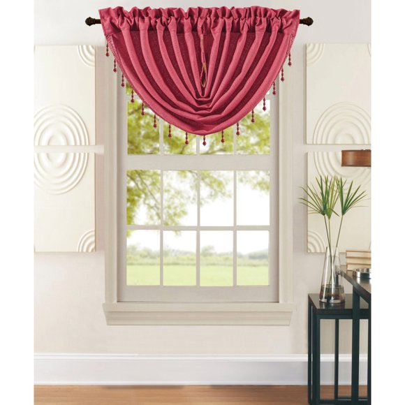 Leah Waterfall Rod Pocket Valance with Beads, Raspberry, 48x37 Inches