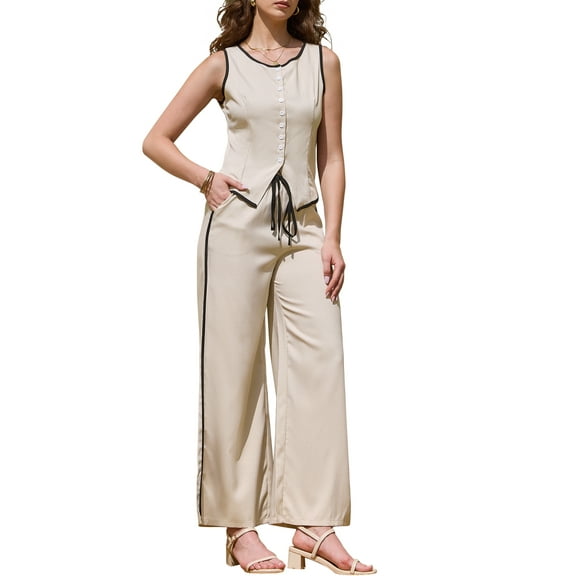 INSPIRE CHIC Summer 2 Piece Outfits for Women Dressy Casual Sleeveless Tank Tops Wide Leg Drawstring Pants Elegant Lounge Sets XS Apricot