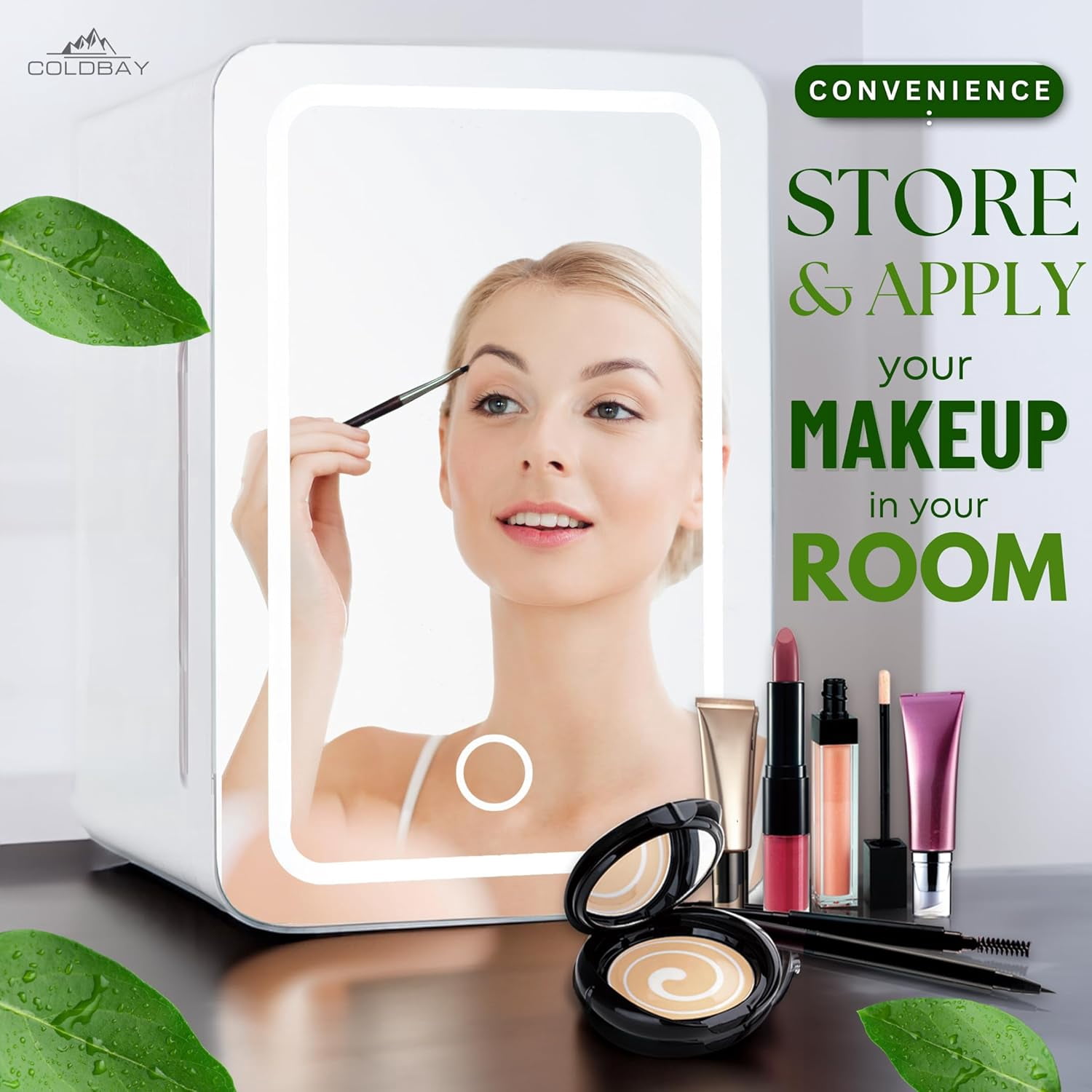 Coldbay Skincare Fridge with Mirror Door, LED Light, Cool and Warm Makeup Vanity Refrigerator