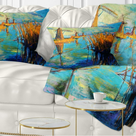 Designart Windmills with Sky and Water - Landscape Printed Throw Pillow - 12x20