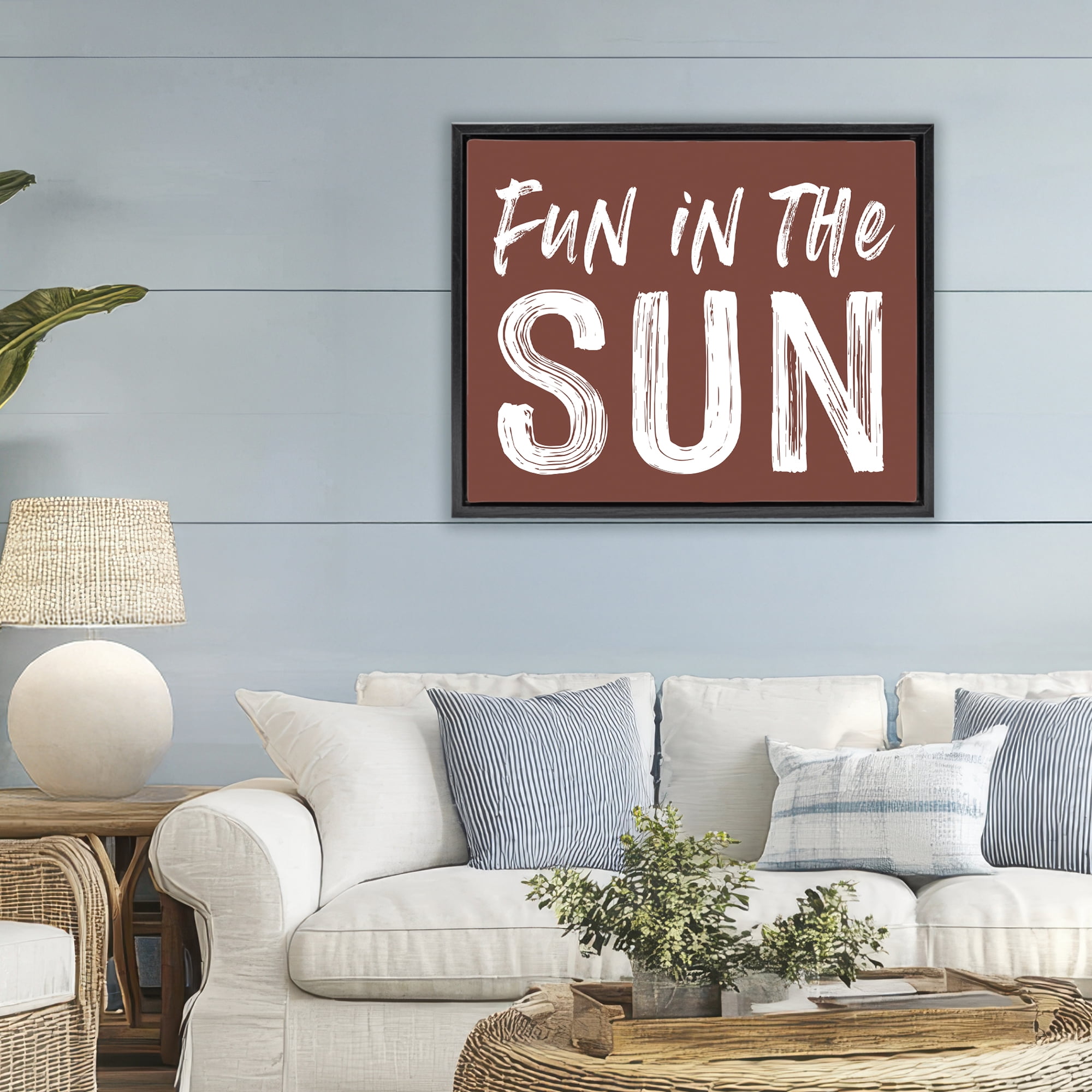 Fun In Sun Brown Sentiment Black Framed Floater Canvas Wall Art, design by Lettered and Lined