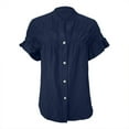 thumbnail image 4 of Blue Womens Blouses Casual Short Sleeved Pleated Shirt Solid Color Cotton and Linen Stand Up Collar Shirt for Women Ladies Tops and Blouses, 4 of 5
