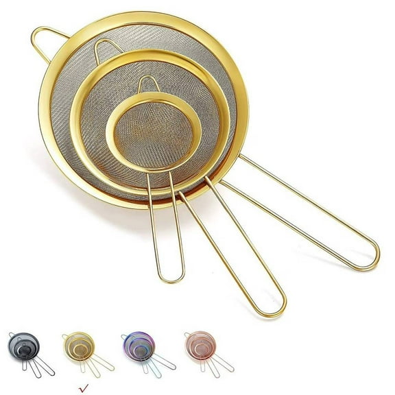 Fine Mesh Strainer, Flour Sifter for Baking, Stainless Steel Colander, Tea Strainer Set of 3 (Gold)
