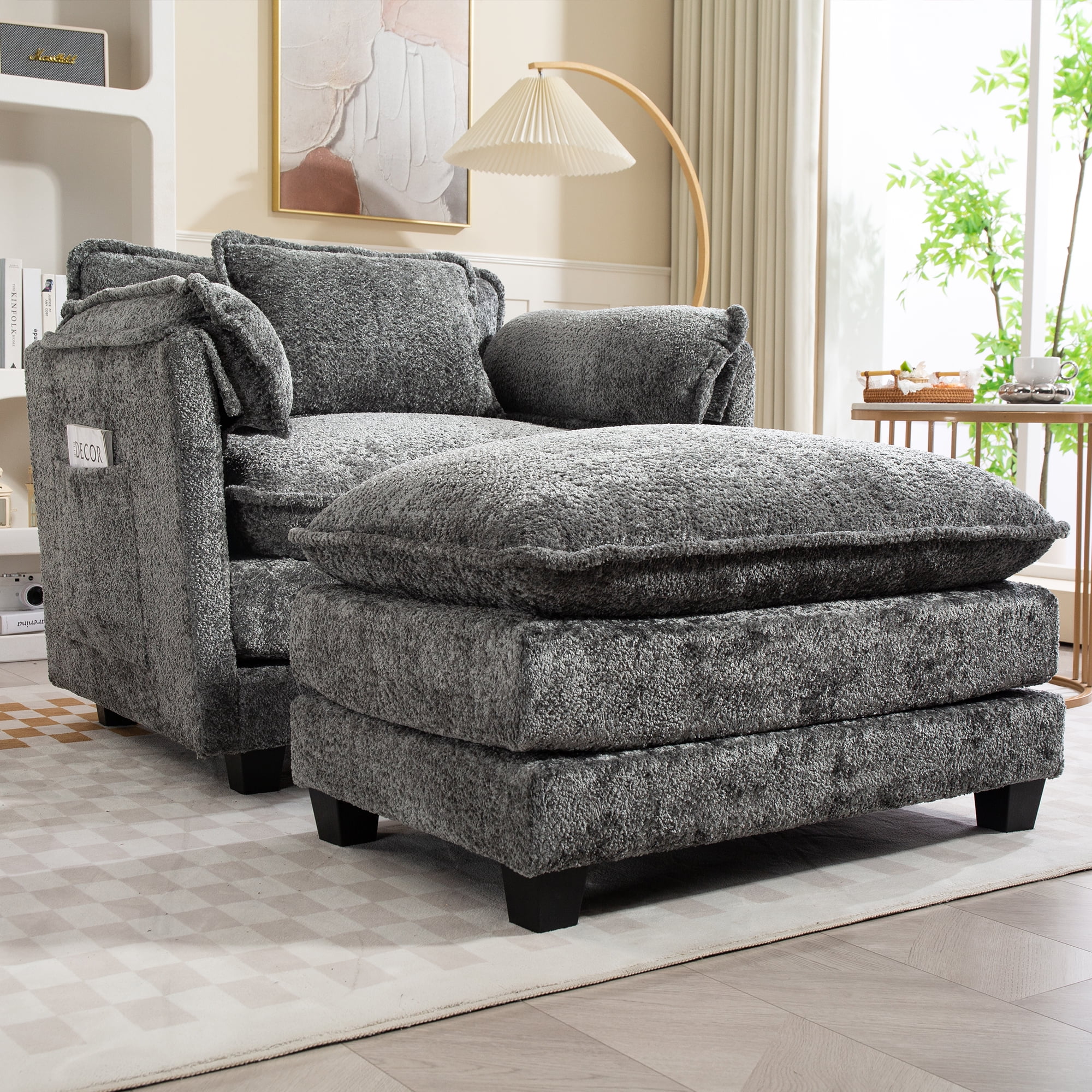 Miniyam 55" x 39.76" Luxury Oversized Boucle Sofa Bed with Ottoman, Single Seater, Double Deep Cushion & Thick Armrests for Living Room, Bedroom, Dark Grey