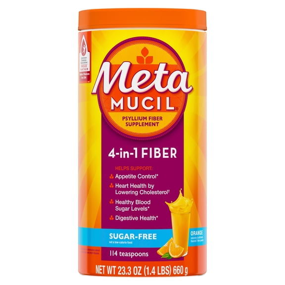 Metamucil 4-in-1 Psyllium Fiber Powder, Sugar-Free, Orange, 114 tsp