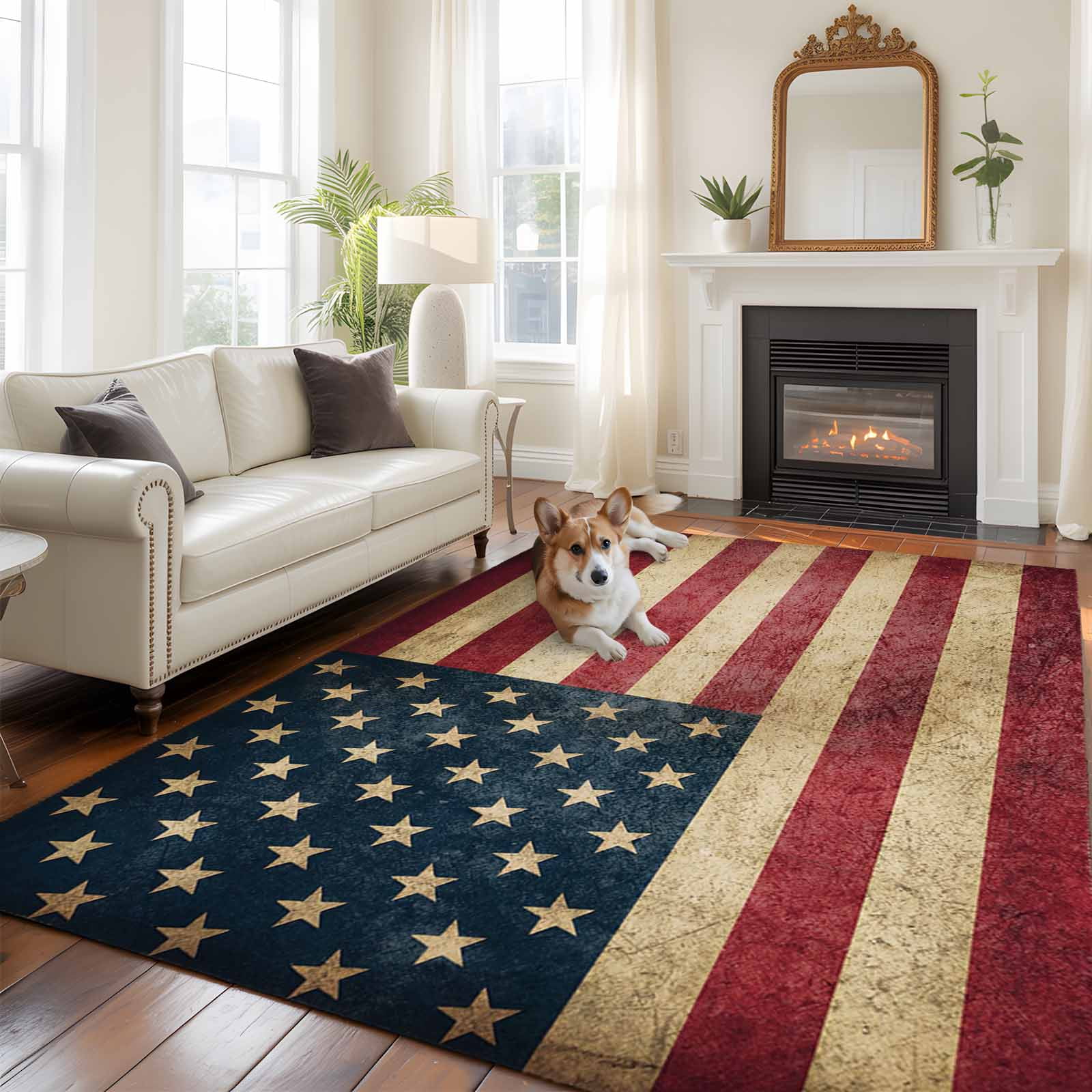 4th of July Area Rugs 8'x10', Washable Small Throw Rugs for Living Room Patio, Independence Day Farmhouse American Flag Indoor Outdoor Rug Non-Slip Low Pile Carpet Runner Reversible Floor Mats
