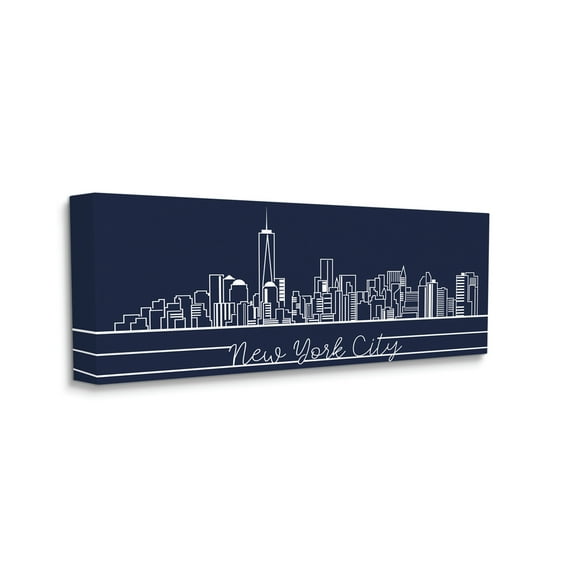 Stupell Industries New York City Skyline Deep Blue White Outline Canvas Wall Art, 13 x 30, Design by Daphne Polselli