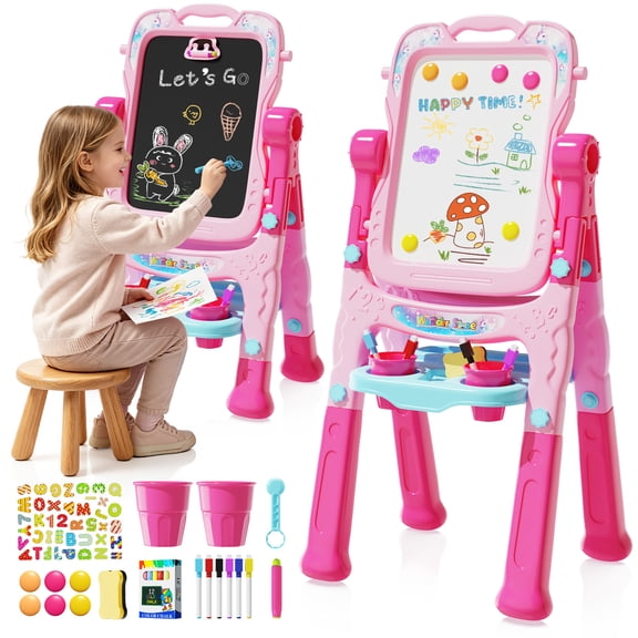WonderStone Art Easel for Kids, Flippable Sided Magnetic Drawing Board with Storage, Gift for Toddlers Girls Ages 3-5, Pink