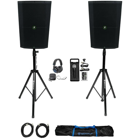 DJ Package w/ (2) Mackie Thump215XT 15" Powered Speakers Stands Headphones Mic