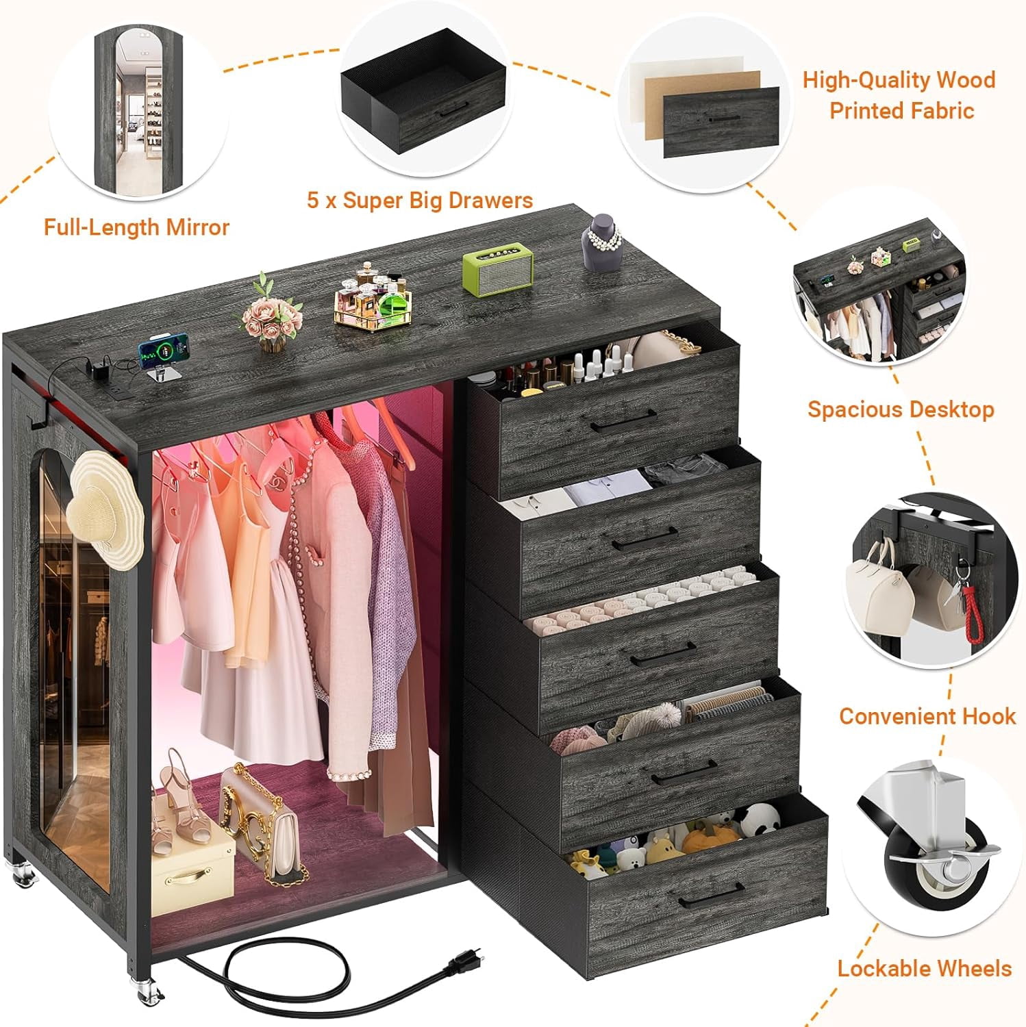 Homieasy Dresser for Bedroom with Clothes Rack & Mirror, Black 5 Drawers Dresser with Charging Station & LED Lights, Rolling Chest of Drawers with Wheels, Full Length Mirror, Wooden Top