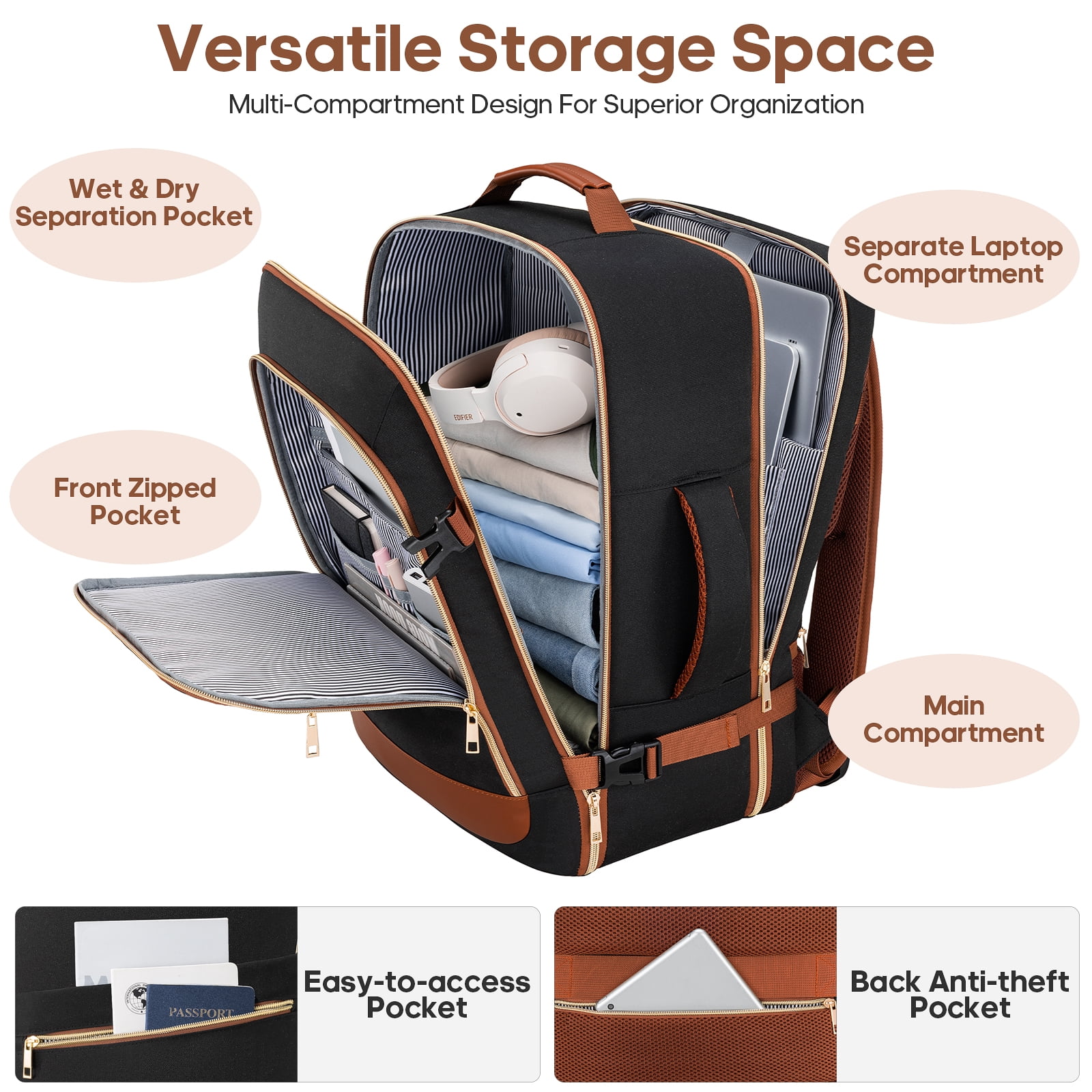 UKEIN Travel Backpack for Women Carry on Backpack Flight Approved 40L Personal Item Backpack Water Proof Backpack with Packing Cubes and Shoe Pocket