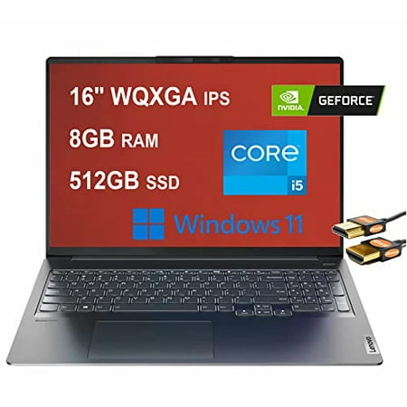 Lenovo Ideapad 5i Pro Laptop 16" WQXGA IPS 100% sRGB Display 11th Gen Intel Quad-Core i5-11300H (Beats i7-10710U) 8GB RAM 512GB SSD GeForce MX450 2GB Backlit Win11 Pro Grey + HDMI Cable