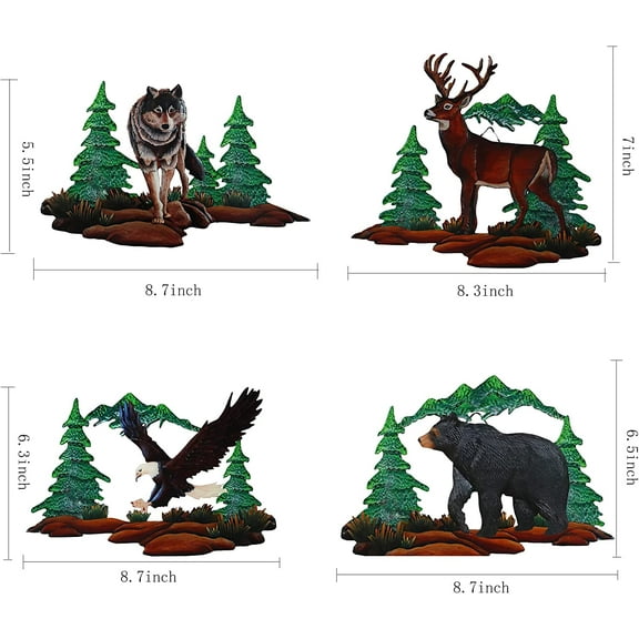 BVLFOOK 4 Pieces Metal Wall Art Wolf Moose bear eagle Wolf Tree Wall Decor Hanging Forest Decor Rustic Cut Metal Art Metal Wall Decor for Home Bedroom Office Outdoor Decorations