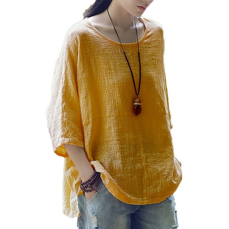 - New Women Casual Loose Solid O-neck Shirt Half Sleeve Cotton Linen Top