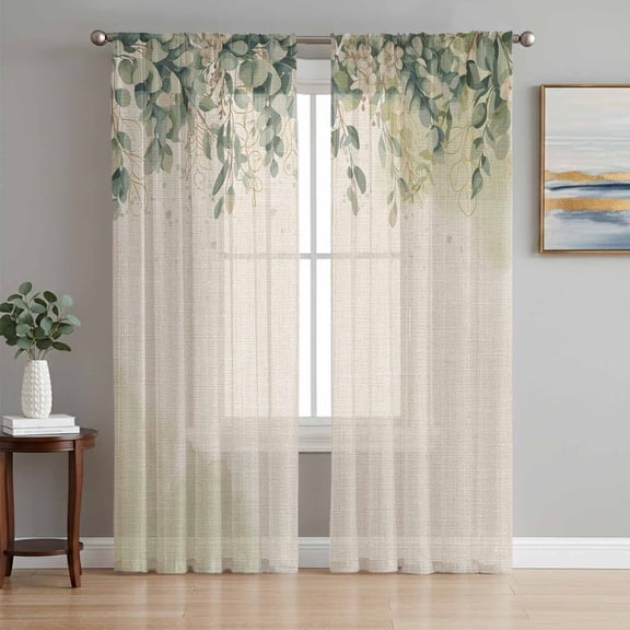 Sheer Curtains 63 Inch Length 2 Panels Set for Bedroom, Spring Eucalyptus Semi Sheer Curtains for Windows, Summer Botanical Leaves Beige Watercolor Voile Window Treatments Rod Pocket Curtain