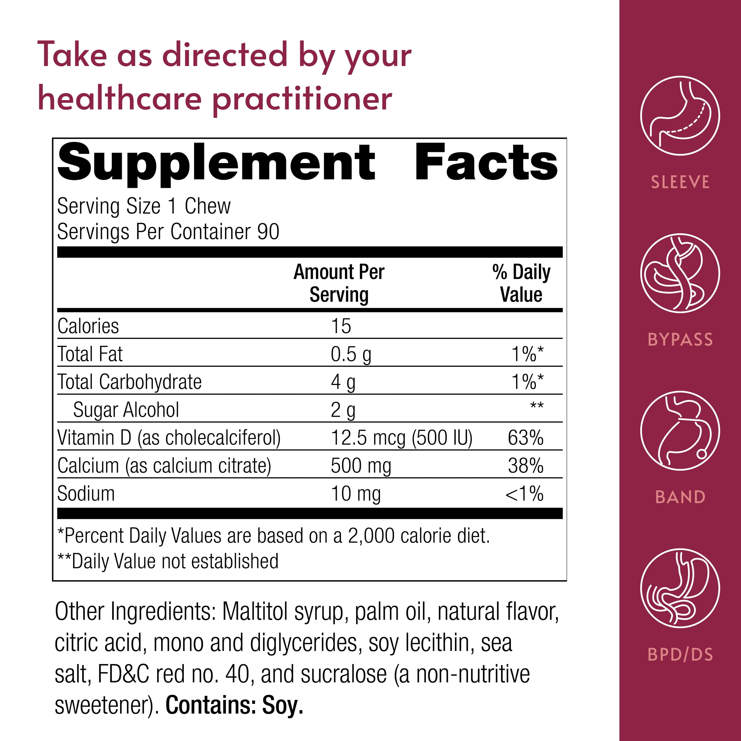 Bariatric Advantage Calcium Citrate Chewy Bites 500 mg - for Bariatric Surgery Patients - Vitamin D3 - Sugar-Free Chewable Calcium Supplement - Bariatric Chews - Strawberry Flavor - 90 Count
