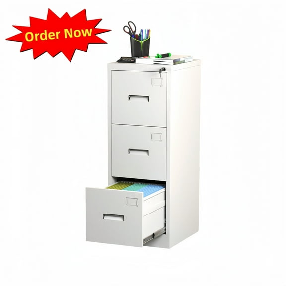 Tcbosik 3-Drawer File Cabinet, Locking Metal Vertical Filing Cabinet for Home Office, Storage Cabinet with Lock for A4 Legal/Letter Size, Assembly Required, White