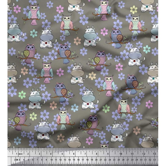 Soimoi Polyester Crepe Fabric Floral,Owl & Cow Cartoon Print Sewing Fabric Yard 52 Inch Wide
