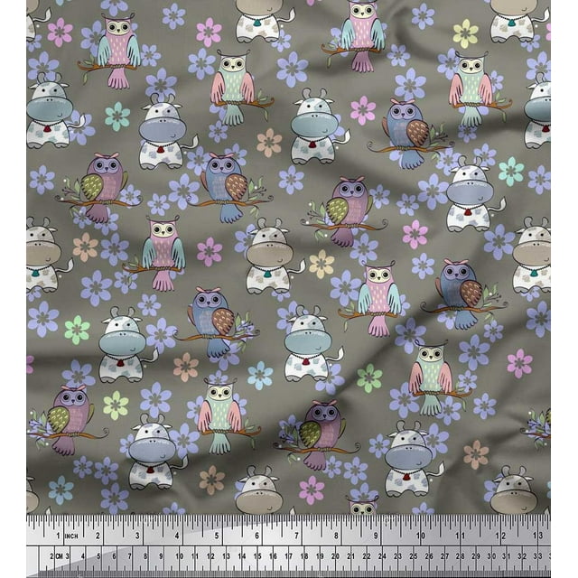 Soimoi Rayon Fabric Floral,Owl & Cow Cartoon Print Fabric by Yard 56 Inch Wide