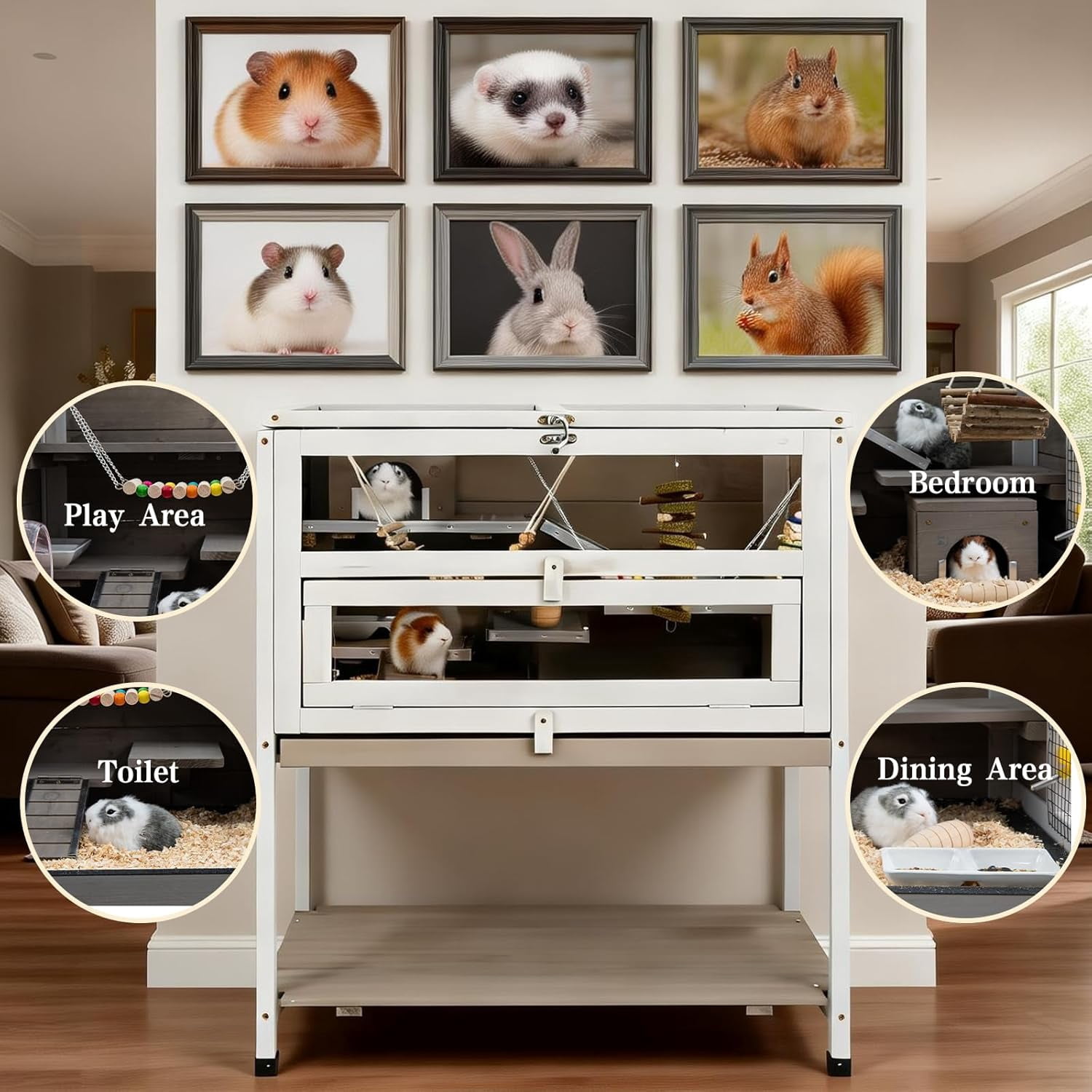 LEHOME Wooden Hamster Cage Indoor with Stand and Storage Shelf, 3-Tier Small Animal Habitat with Clear Front Window, Openable Top, Anti-Chew Ramps, Hideout House, Deep Pull-Out Tray Guinea Pig cage