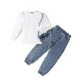 thumbnail image 2 of LFEOOST 3pcs Toddler Baby Girls Clothes Ruffle Long Sleeve Pullover Tops Straight Leg Jeans Denim Pants with Fashion Bag White 4Y, 2 of 7