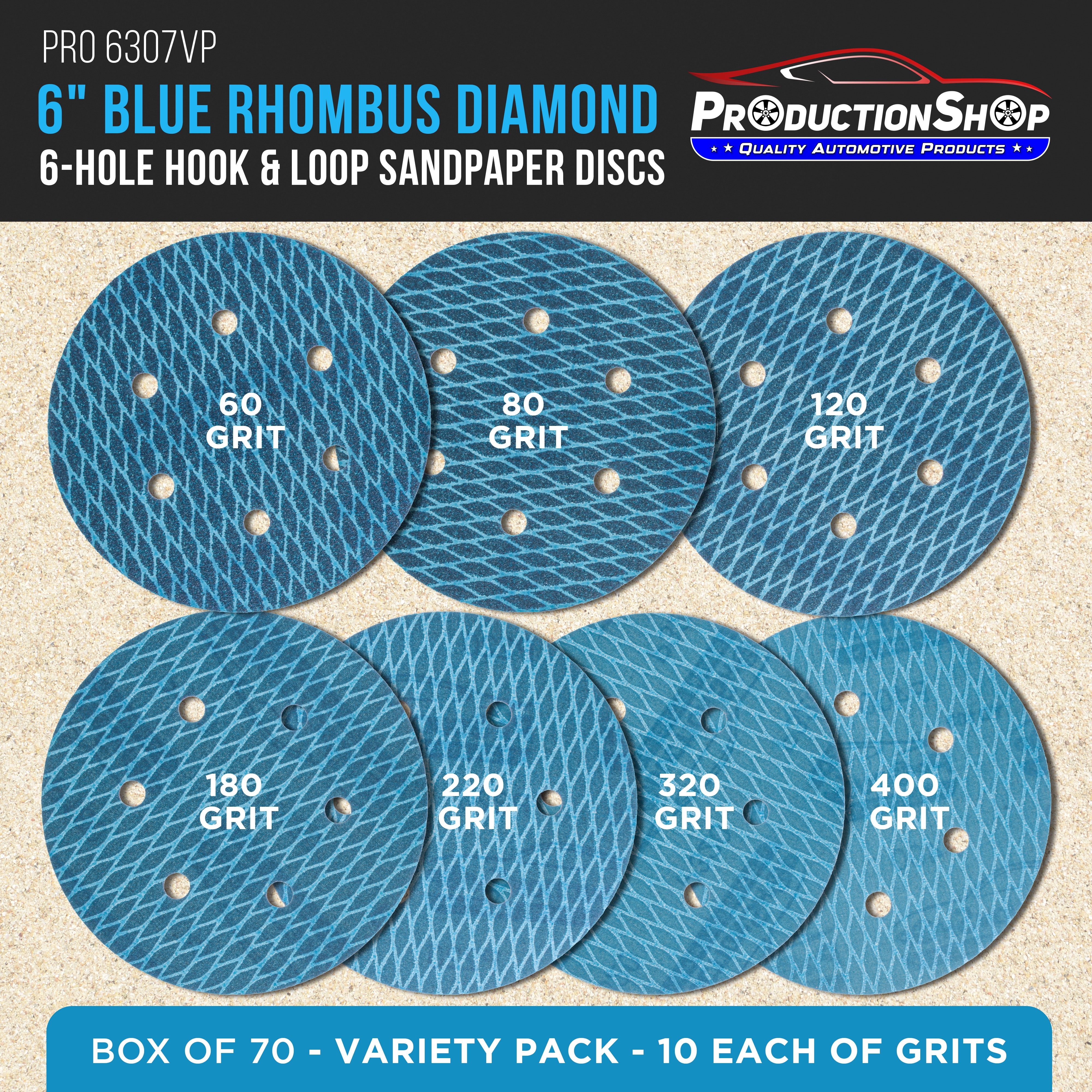 ProductionShop Premium 6" Rhombus Diamond Shape Blue Sanding Discs, 6-Hole, 70 Disc Variety Pack, Grits 60, 80, 120, 150, 180, 220, 320, 400 - Hook & Loop Sandpaper, Random Orbital Sanders